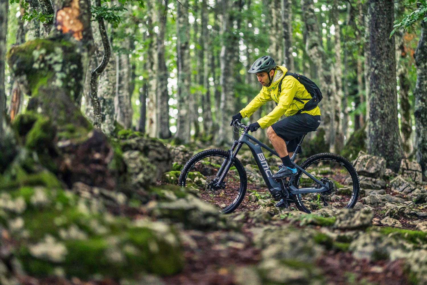 BMC Speedfox AMP carbon 29er 130mm trail all-mountain e-bike eMTB One riding photo Jeremie Reuiller